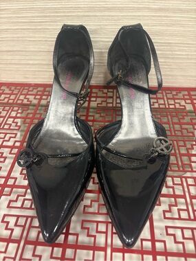 Giorgio Armani Black Patent Pointed Toe Ankle-Strap Heels with Logo Medallion